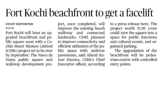 CSML__'s tweet photo. "To enrich & flourish the tourism potential in Fort Kochi, CSML is implementing the Beach Front Upgradation at Vasco Square in Fort Kochi with a project cost of Rs. 1.95 crore. CSML has plans to improve connectivity said @alkesh12sharma , CEO, CSML".
#beautificationwork
#Tourism https://t.co/A99A5LYNmm