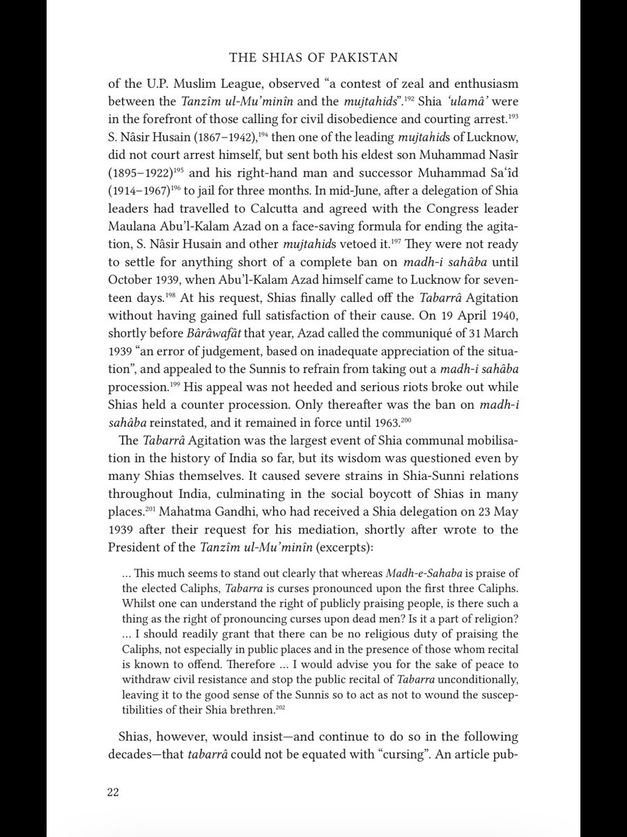 > in many places. Mahatma Gandhi, who had received a Shia delegation on 23 May 1939 after their request for his mediation, shortly after wrote to the President of the Tanzîm ul-Mu’minîn, requesting a stop to tabarrâ recitations. >