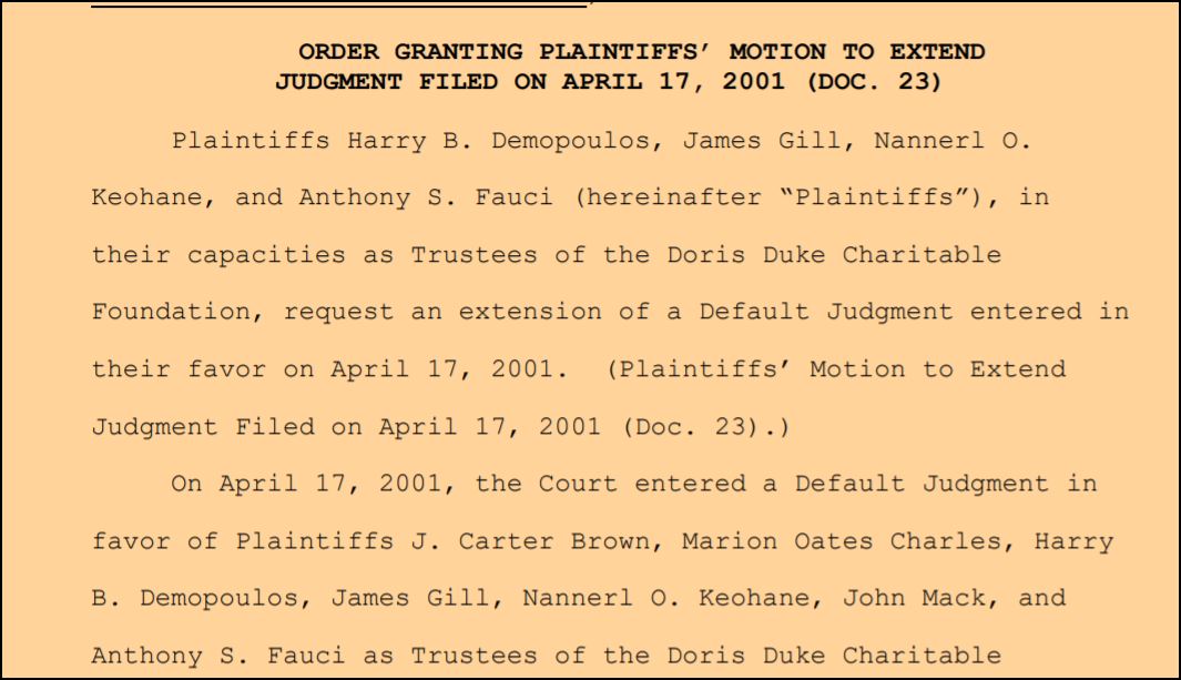  #Fauci still a trustee of the  #DorisDukeFoundation. Duke - big tobacco Duke? The foundation supports the arts, child care, environment & medical research. Why was an extension filed in 2011? Ten years after the original suit? The suit that keeps on giving?