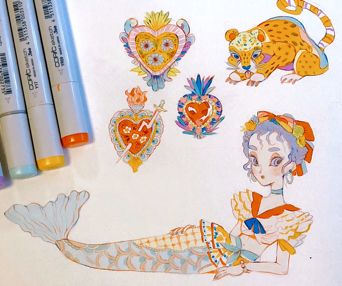 1girl monster girl traditional media jewelry mermaid earrings white background  illustration images