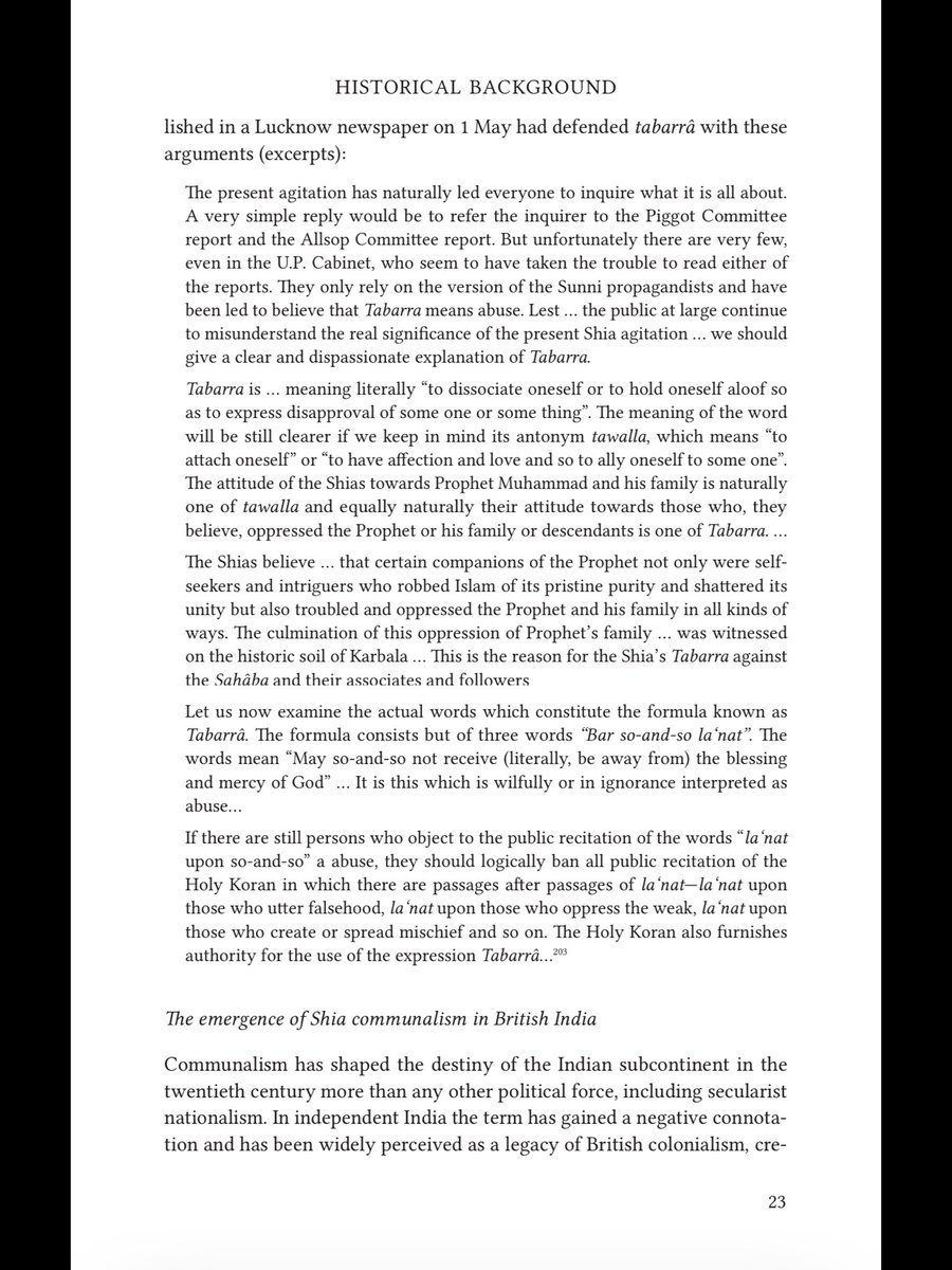 > Shias insisted that that tabarrâ could not be equated with “cursing”. An article published in a Lucknow newspaper defended tabarrâ arguing that it is merely a deliberate distancing of themselves from certain companions of prophet who oppressed the prophet & his family. >