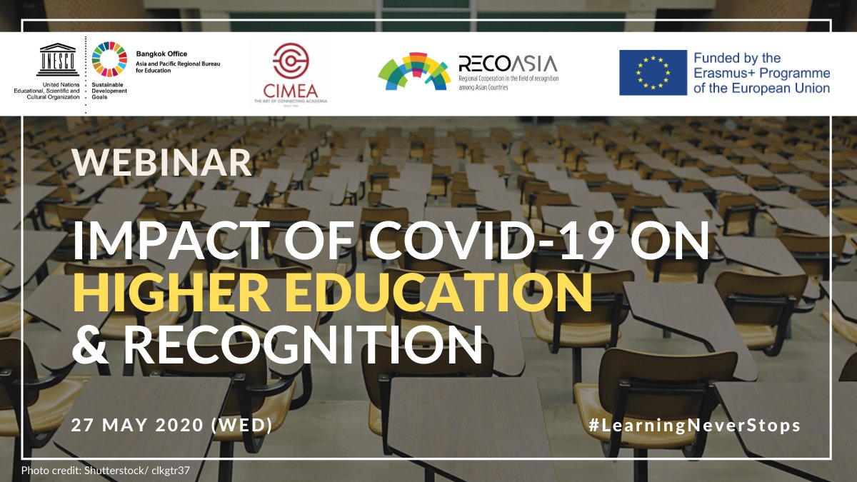 🪑 #COVID19 pandemic is affecting higher education in many aspects including exams &amp; cross-border mobility.

💻 Join our webinar to explore what can be done to ensure that #LearningNeverStops!
📅 27 May 2020

ℹ️ Info &amp; registration: bit.ly/HEwebinar0527
