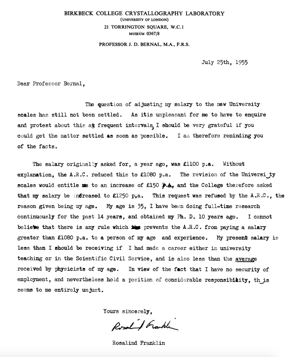 StearnsLab's tweet photo. It's 1955, and Rosalind Franklin, already a renowned structural biologist, has to beg her supervisor for a raise equal to her position. Surprising to no women in academia today. https://t.co/bb00ru3hJV