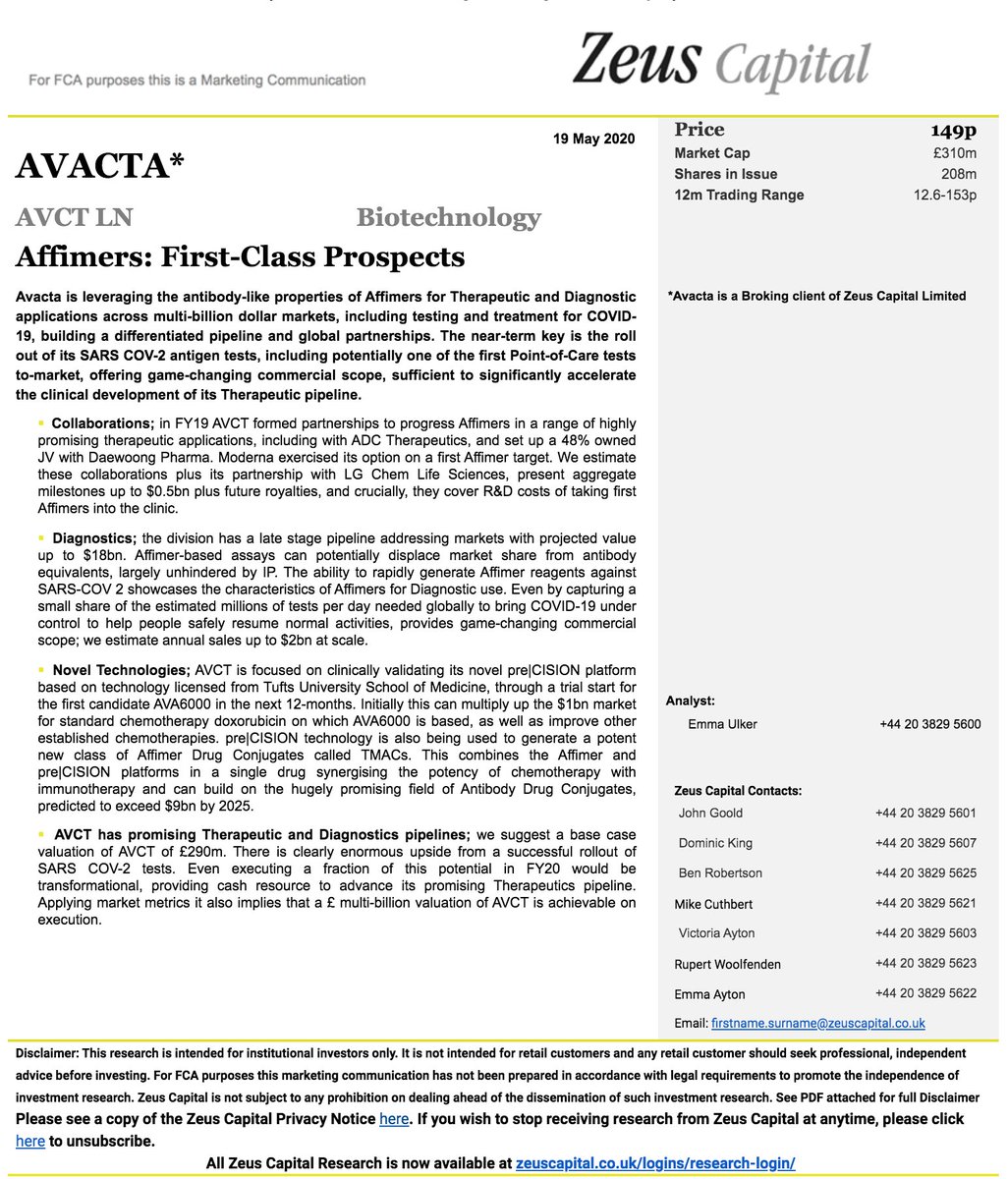Zeus base case valuation of Avacta #AVCT = £290m. There is clearly enormous upside from a successful rollout of SARS COV-2 tests. Even executing a fraction of this potential in FY20 would be transformational, implying a £multi-billion valuation of AVCT is achievable on execution.