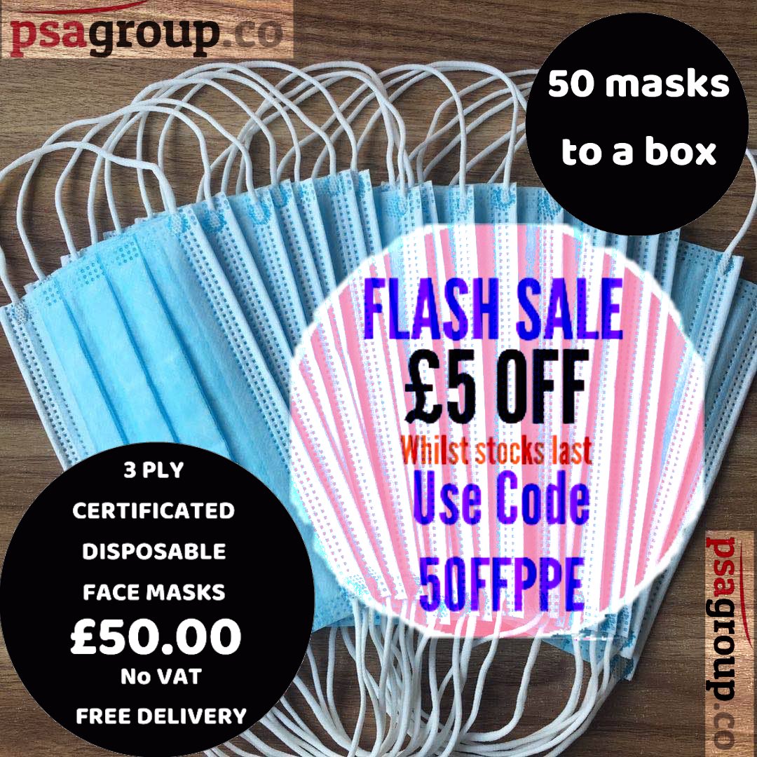***********FLASH SALE***********
Certified 3 Ply masks. Boxes of 50 now only £45 whilst stocks last. USE CODE 5OFFPPE at the checkout. 
psagroup.co/discount/5offp…
#staysafe #protectyourself #protectstaff #protectclients #inittogether