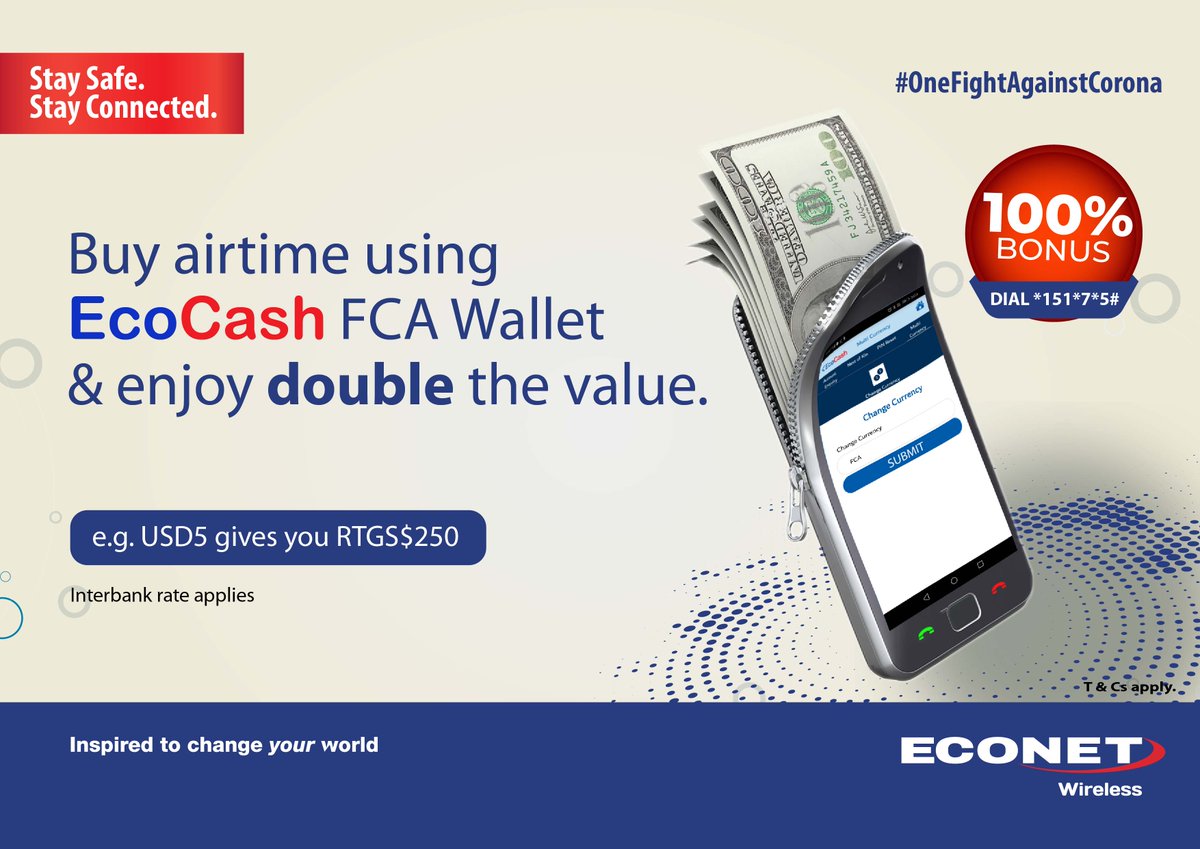 Enjoy DOUBLE the value when you buy airtime using your EcoCash FCA wallet. To change from RTGS to FCA wallet Dial *151# Select Wallet Services Select Multi Currency Select Change Currency Select USD FCA Currency 📱Dial *151*7*5# 100% bonus guaranteed! Stay safe, Stay Connected