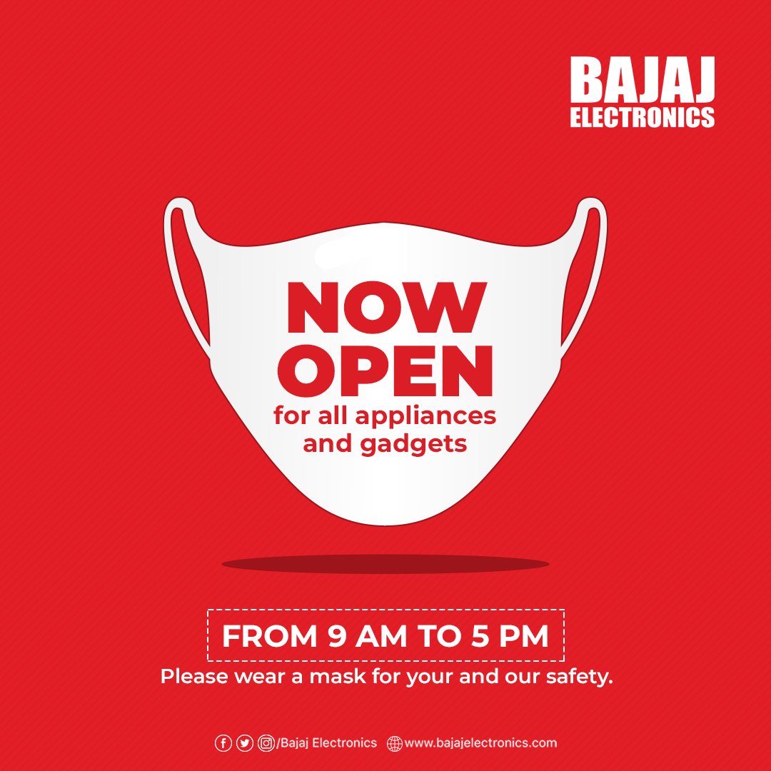 bajajelectronic's tweet photo. We are back with all that we've promised. ๐
Extra safe and extra careful.
All Bajaj Electronics branches are now open for all sales.
Visit your nearest store today! ๐คฉ
Masks are mandatory.
#bajajelectronics #hyderabad #india #allbranches #nowopen #storesnowopen #products https://t.co/XPWSLKHoMV