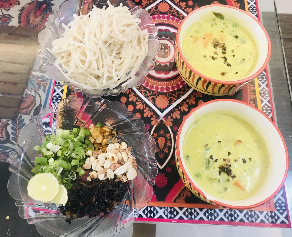 HimjaParekh's tweet photo. Mingalaba. Welcome to Myanmar. Khowsuey, Burmese tea leaf salad (Lahpet Thoke), Tohu thoke salad. Chickpea tofu also made at home. #FlavoursOfAsia One liberty, used cabbage instead of lettuce. Not available. #FirstAttempt #yummy https://t.co/TFG6OqOgXl