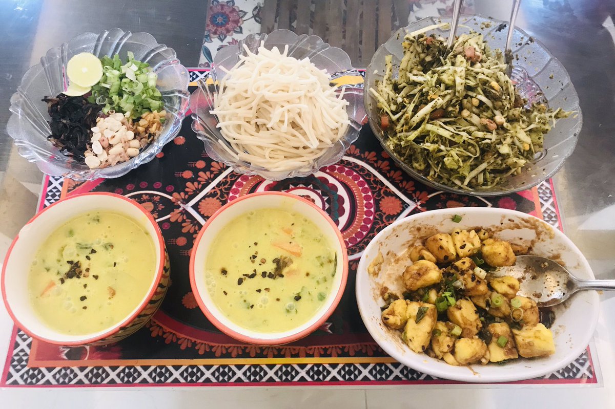 HimjaParekh's tweet photo. Mingalaba. Welcome to Myanmar. Khowsuey, Burmese tea leaf salad (Lahpet Thoke), Tohu thoke salad. Chickpea tofu also made at home. #FlavoursOfAsia One liberty, used cabbage instead of lettuce. Not available. #FirstAttempt #yummy https://t.co/TFG6OqOgXl