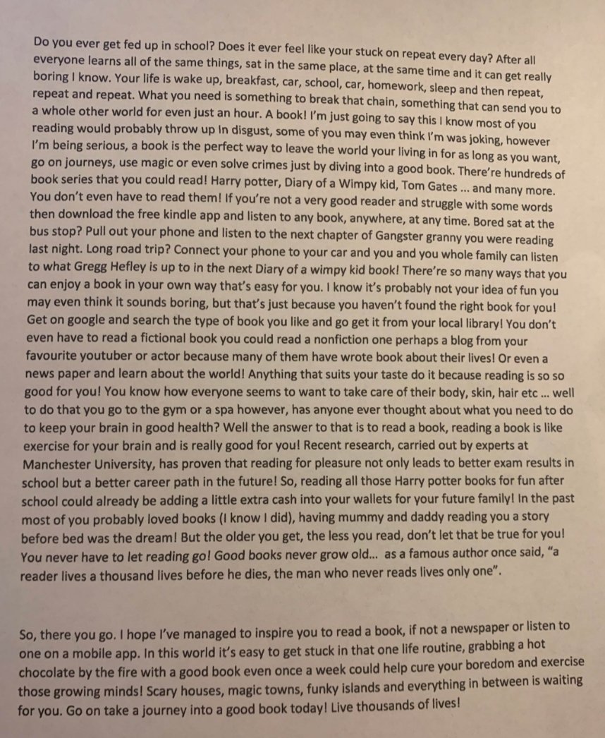 Millfieldhighsc's tweet photo. What an exceptional essay written by Chrissy Winnard - Yr 8 -  inspiring others to read. 💫👍#beexceptional https://t.co/SxCX9iDyse