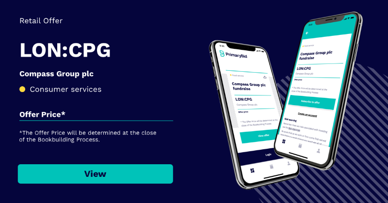 advfn's tweet photo. Now live on @PrimaryBid is an offer for FTSE 100
@compassgroupuk (#LON: #CPG). Minimum investment £100. Capital at risk 👉https://t.co/I18BXj4UiD

#FTSE100 #CapitalRaising #investment #Compasslife #Compassuniverse https://t.co/rEs7eG6ueU