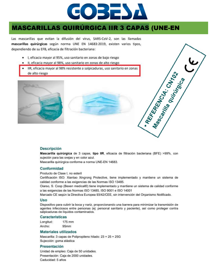 MASCARILLAS QUIRÚRGICA IIR 3 CAPAS contra el covid-19 disponibles en <a href="/Gobesa_SA/">Gobesa</a>