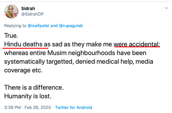 Let's start with Delhi riots. Acc, to Sidrah it was an 'anti-Muslim pogrom' run by BJP-RSS. She attributes the death of Hindus in the riots as 'accidental' and Tahir Hussain unleashed mayhem as 'self-defence'. So she feels Hindus 'earned' this wrath.