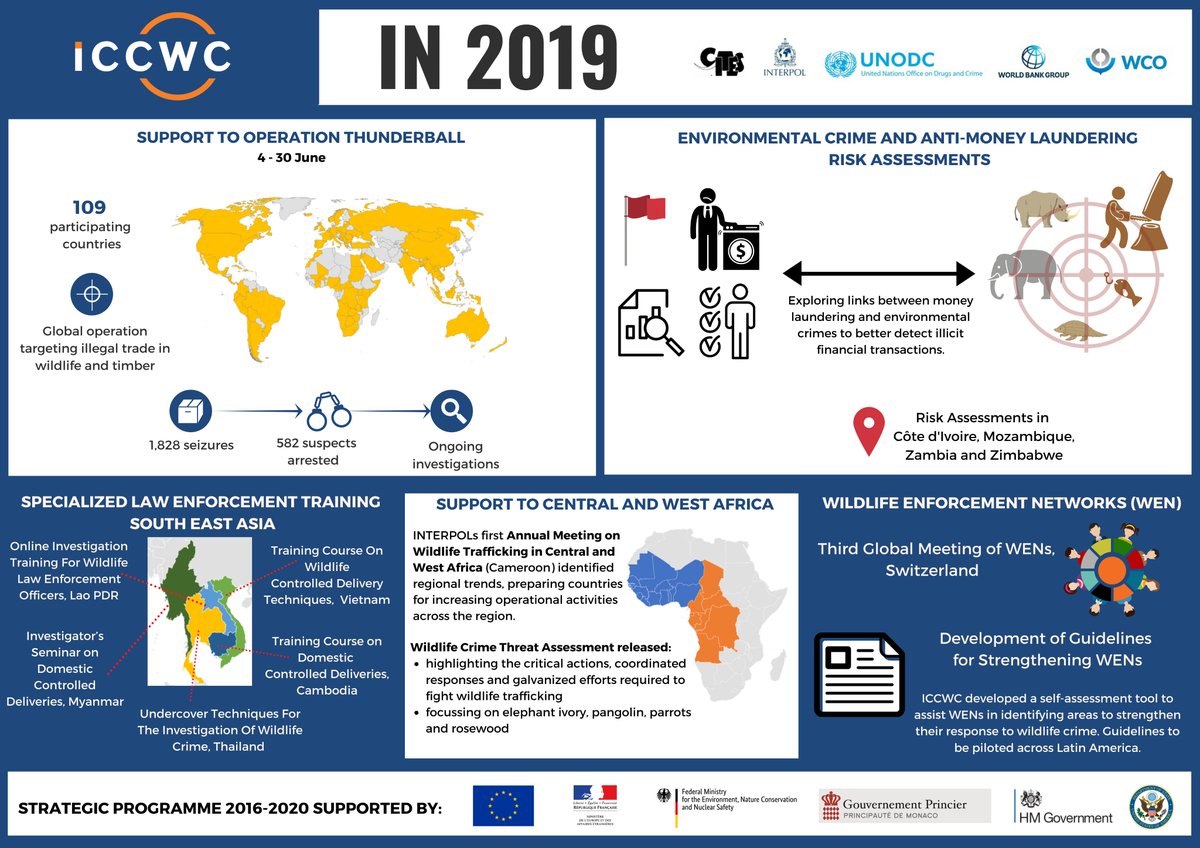 CITES's tweet photo. From law enforcement training to fostering cooperation in the fight against #WildlifeCrime, the International Consortium on Combating Wildlife Crime (#ICCWC) continued its efforts in 2019 to #EndWildlifeTrafficking.

Learn more https://t.co/6nysQPbtLL 🇫🇷🇺🇸🇪🇺🇩🇪🇲🇨🇬🇧 https://t.co/o0xMI0c3C6