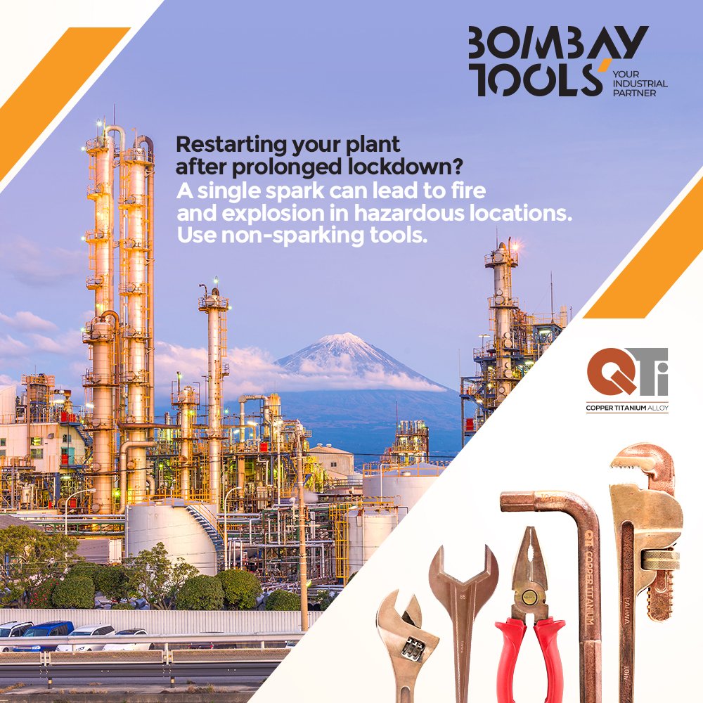 TheBombayTools's tweet photo. After prolonged lockdown, keep industrial safety on priority. A single spark can ignite an explosion in a hazardous location. Always use nor-sparking tools for safety.
Connect with us: https://t.co/pDww9LD87e
Or info@bombaytools.in
#BombayTools #YourIndustrialTools https://t.co/e9hRFDkYqV