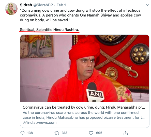 Well if that doesn't prove her hate, then this will. Nothing surprising for an Islamist to counter Hindus with 'gau mutra', 'gober' jibes. Sidrah thinks India will get '5 trillion tonnes of holy excreta' instead of $5 trillion economy!
