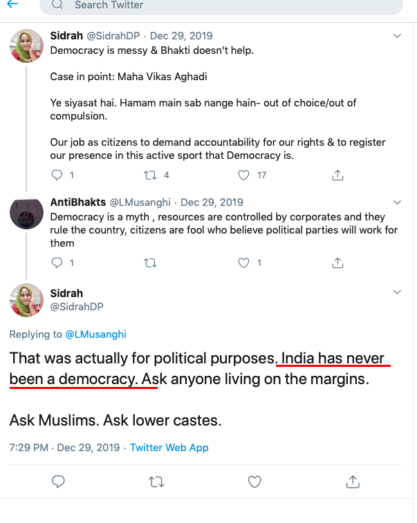 Moving on, Sidrah uses her democratic rights freely but doesn't consider India a democracy as it 'violates the Constitution' and 'steps on civil liberties'. Strange since she was protecting the Constitution few months back & abuses this freedom to attack democratic India.