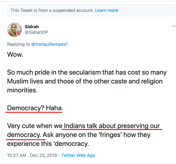 Moving on, Sidrah uses her democratic rights freely but doesn't consider India a democracy as it 'violates the Constitution' and 'steps on civil liberties'. Strange since she was protecting the Constitution few months back & abuses this freedom to attack democratic India.