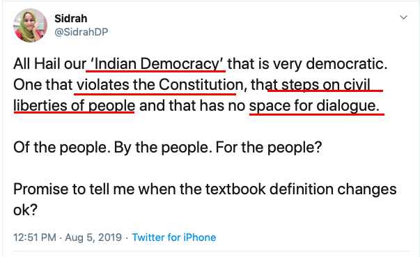 Moving on, Sidrah uses her democratic rights freely but doesn't consider India a democracy as it 'violates the Constitution' and 'steps on civil liberties'. Strange since she was protecting the Constitution few months back & abuses this freedom to attack democratic India.