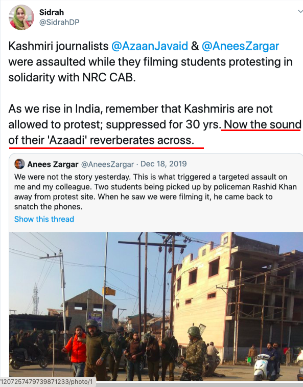 Extending the topic to Kashmir, Sidrah feels GOI is a 'tyrannical' govt and BJP is 'saffronising' the UT. She doesn't even acknowledge the atrocities committed on Kashmiri Pandits by her Muslim brothers & sisters