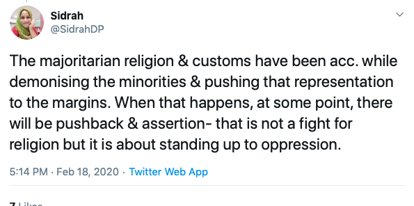 Sidrah even has a problem with the use of long held Indian customs & practices and is threatening Hindus to expect '.... pushback & assertion' from Muslims.