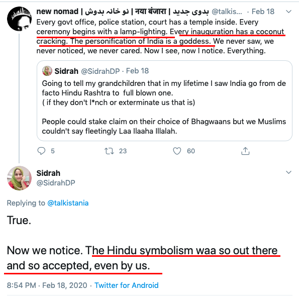 Sidrah even has a problem with the use of long held Indian customs & practices and is threatening Hindus to expect '.... pushback & assertion' from Muslims.