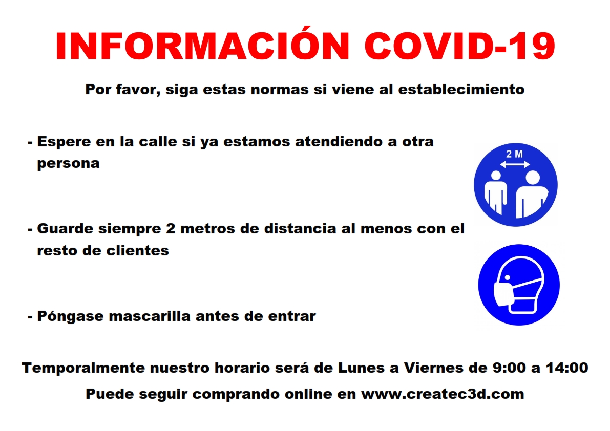 Createc3D's tweet image. Abrimos nuestro local temporalmente de lunes a viernes de 9:00 a 14:00. Intentad haced las compras online con la opción recoger en tienda para acortar el tiempo de atención entre clientes y evitar las colas en la puerta.
Si necesita recoger un pedido en otro horario contáctenos