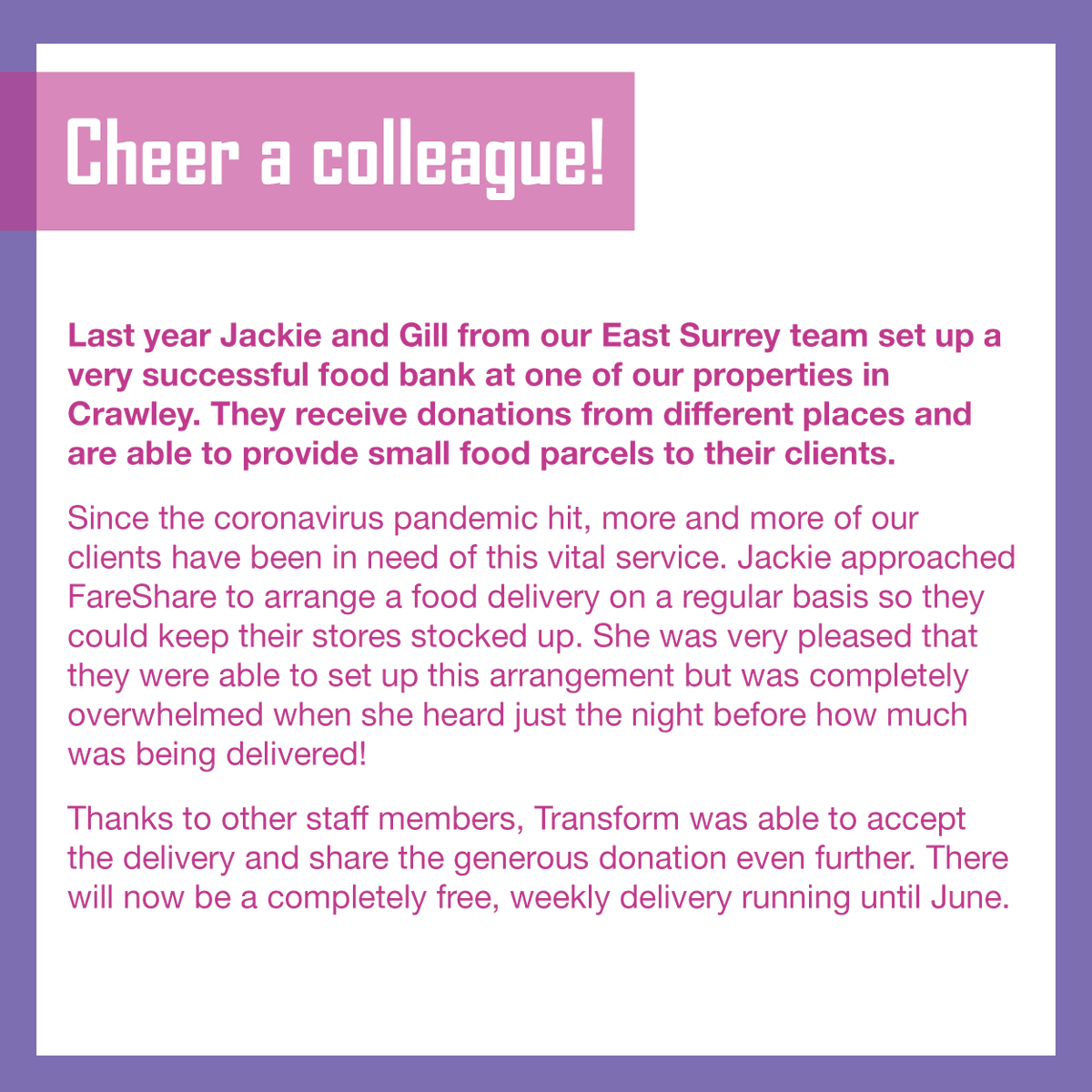 transformhs's tweet photo. This week we are cheering colleagues from East Surrey who have been working with @FareShareUK https://t.co/Y4aY630Blk #CheeringTuesday #CheerAColleague #Covid #Covid19 #Coronavirus #ThankYou https://t.co/yMcUCM0wdv