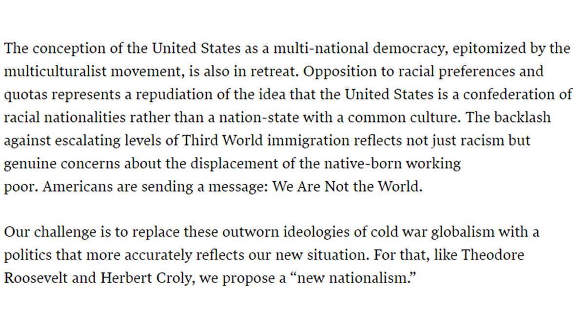 9/ In 1995, Judis, along with Michael Lind, who founded the centrist New America think tank, wrote 'For a New Nationalism', arguing Clinton was aping the Republicans by endorsing free trade, and criticized his multiculturalism & affirmative action agenda  https://newrepublic.com/article/104783/new-nationalism