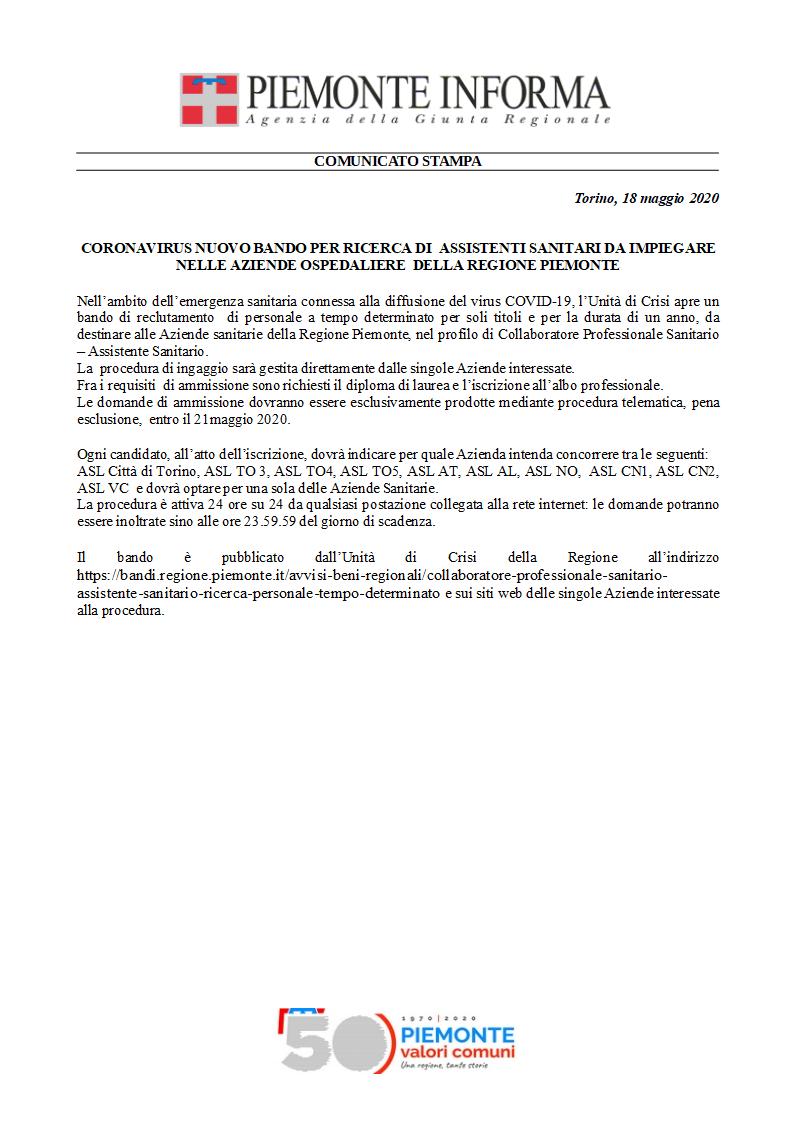 comunevenaria's tweet photo. REGIONE PIEMONTE: Emergenza COVID19
#Bando di #reclutamento di personale a tempo determinato per soli titoli #AssistentiSanitari https://t.co/tQOo8hpoVb