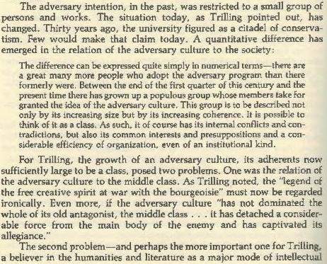 3/ His critique of the 'New Class', ancestor of Goodhart's 'Anywheres' and Piketty's 'Brahmin Left' drew on that of fellow New York Intellectual Lionel Trilling, who remarked, in 1965, on the expansion of an intellectual 'adversary culture' into universities & major institutions