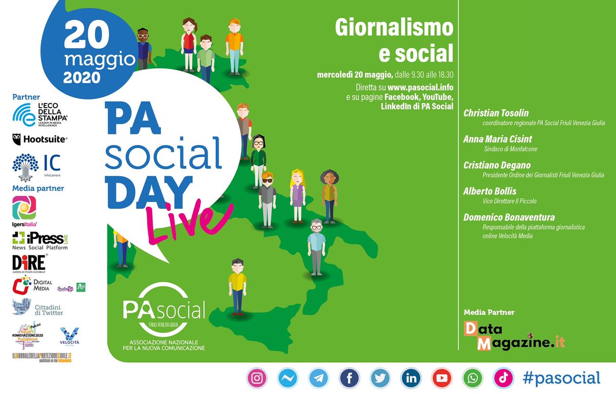 Domani 20/5 #PASocial Day 2020

Slot del #FVG ore 10.20

Tema: #giornalismo e #socialmedia

Relatori:
▪️ <a href="/annacisint/">Anna Cisint</a> Sindaco #Monfalcone
▪️ Cristiano Degano Presidente ODG FVG
▪️ <a href="/abollis/">Alberto Bollis</a> vicedirettore <a href="/il_piccolo/">Il Piccolo</a> 
▪️ <a href="/DomeBonaventura/">Domenico Bonaventura</a> di <a href="/VelocitaMedia/">Velocità Media</a>

➡️ bit.ly/2X3XNHq