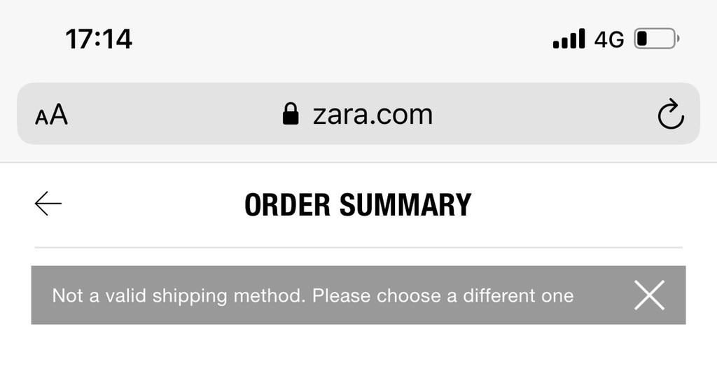 mariaagainagain's tweet photo. @ZARA_Care Hi! I’m trying to place an order online and it keeps telling me my shipping is invalid? (I live in Bowen, Queensland) Please tell me it’s just a glitch on the site🤞 https://t.co/ztSqKHXOJC