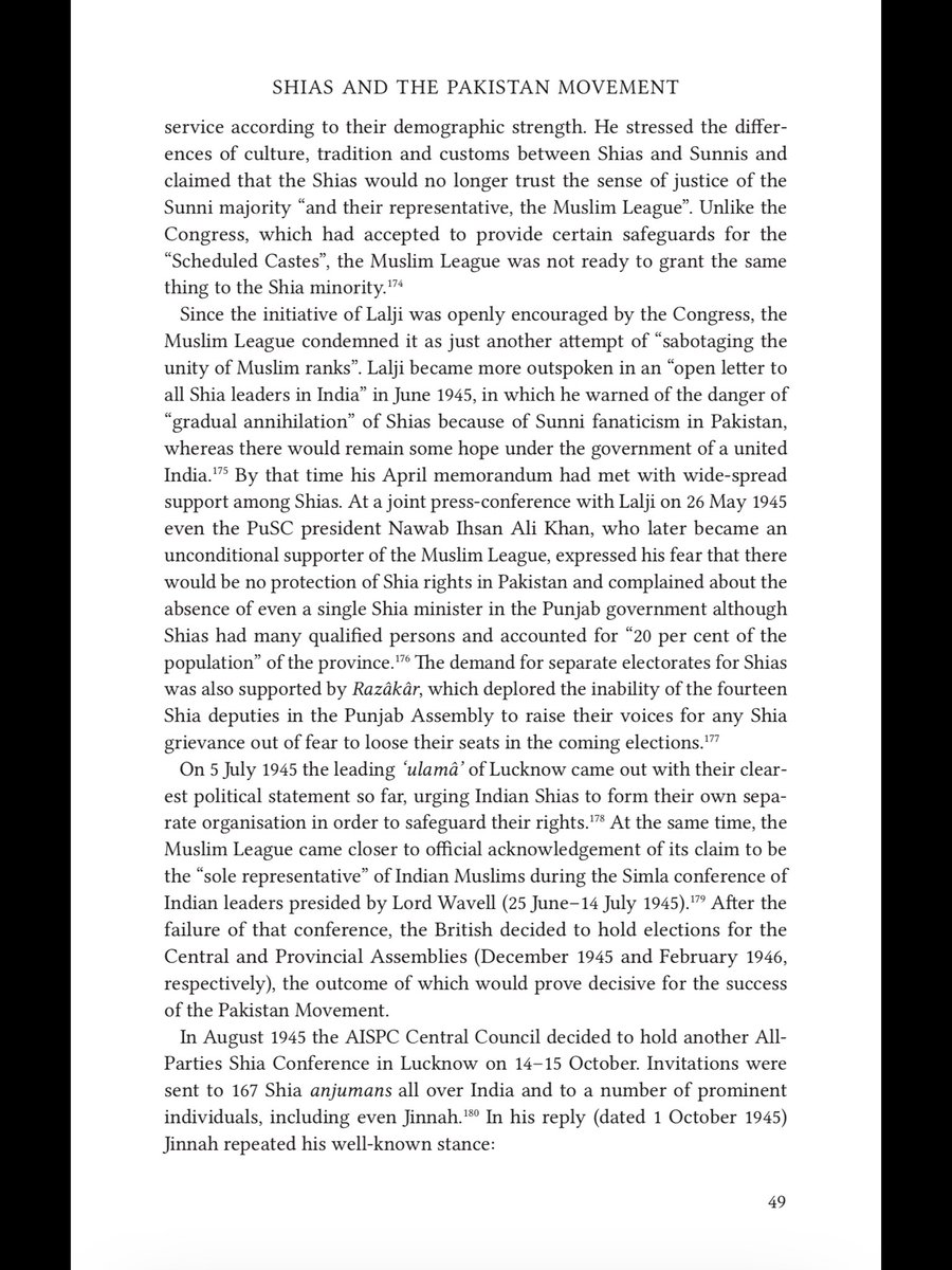 > against Shias during elections & guarantees for sufficient representation of Shias. In response, Jinnah warned of “improper” & “illogical” attempts to create divisions within the Muslim camp. In April 1945, Husainbhai Lalji, a Khoja Twelver Shia leader & merchant from Bombay,>