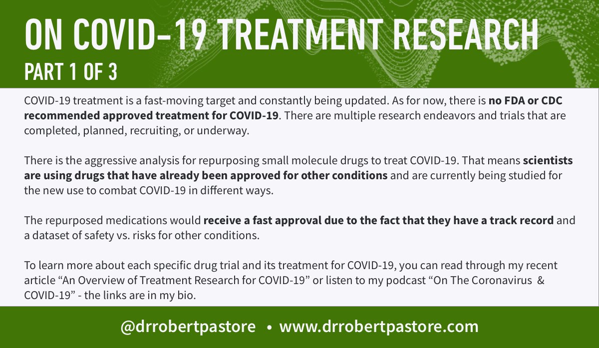 Repurposing Small Molecule Drugs for #COVID19 such as: Plaquenil, Remdesivir, EDP1815, Galidesivir, Camostat, Favipiravir, Darunavir, Cobicistat, and Fingolimod 

To learn more about COVID-19 treatment research: drrobertpastore.com/articles/2020-…