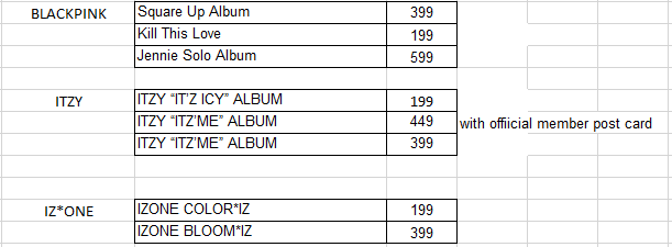 NEW PRICELIST FOR UNSEALED RED VELVET, AOA, WJSN, IZ*ONE AND G-IDLE ALBUMS-199 priced albums are sold out as of the momentDM to order