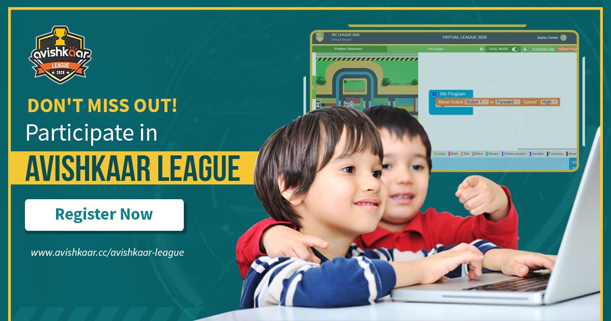 IRC_League's tweet photo. Have you registered yet for Avishkaar League? 

The world's biggest online coding &amp; robotics competition is here. Register now and avail coding course worth Rs. 2500 for FREE! 

Link - https://t.co/HQ0HAX1BWx

#AvishkaarLeague https://t.co/OWRitjgVsE