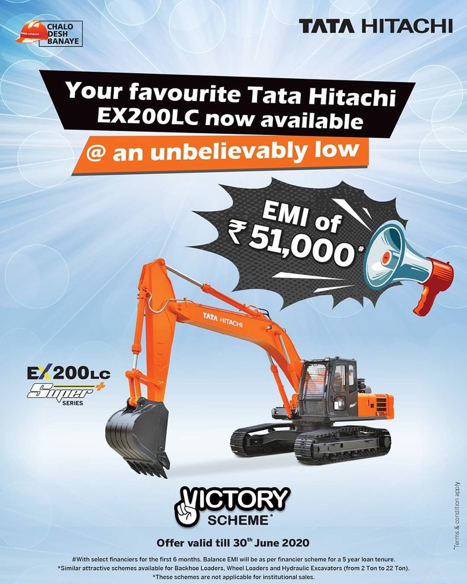 Your favourite Tata Hitachi EX200LC Hydraulic Excavator is now available at an attractive EMI of Rs. 51,000*. To find out more, please contact your nearest Tata Hitachi dealership.
#TataHitachi #EX200LC #HydraulicExcavator #AttractiveEMIOffer #ChaloDeshBanaye