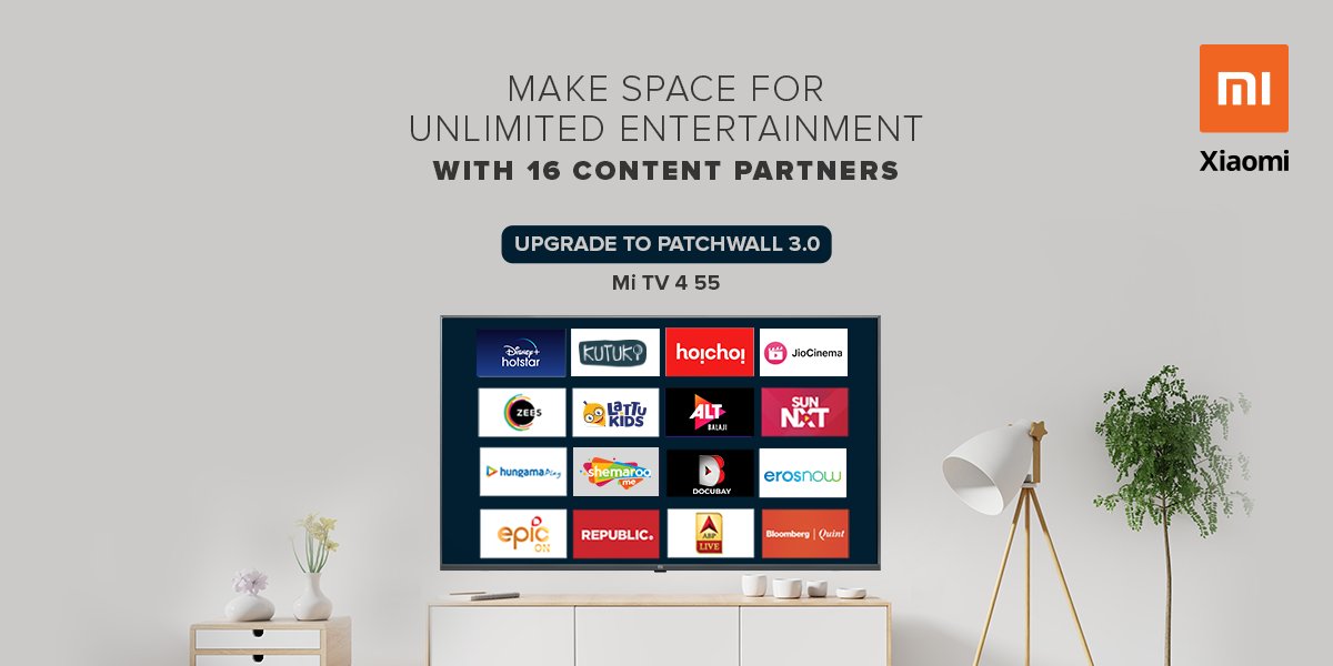 XiaomiTVIndia's tweet image. Here&apos;s an exciting news for all the Mi TV 4 55 users. 

We&apos;re rolling out #PatchWall3.0 update along with 16+ content partners. This update is being rolled out starting today.