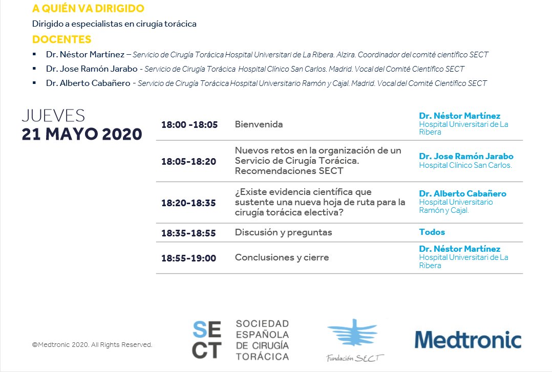 SECTtoracica's tweet photo. 🔴El JUEVES Los especialistas en #CirugíaTorácica tienen una cita con la SECT #webinarSECT ¡Os esperamos! 👏https://t.co/1rKHZUmDxD👈
@Medtronic @sect2020 @SECTtoracica @aecirujanos @sectoracica @STS_CTsurgery https://t.co/sOAxTMQFIL