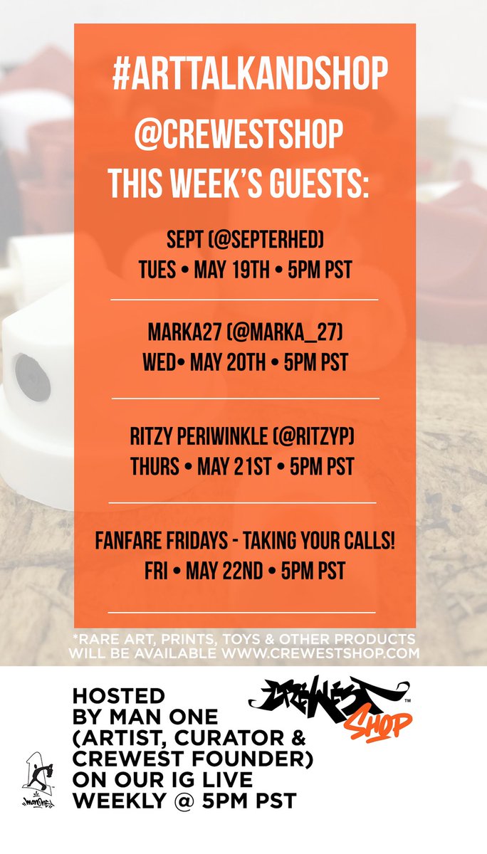 crewest's tweet photo. Here’s this week’s #ArtTalkandShop schedule. Tune in at 5pm pst on our
Instagram page: @crewestshop 

@ManOneArt will interview &amp; sell works by: 
@SEPTERHED 
@ritzy_p 
@MARKA27 

Artwork available: https://t.co/JXA3Ngm66P
#crewest 
#crewestshop https://t.co/0e1vTBfBXH