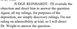 It's such a relief to have Judge Reinhart in attendance ordering Wright to cease his obstructionism. Vel keeps a cool head while Wright repeatedly implies he's just too stupid to understand his long-winded and evasive answers to yes or no questions.