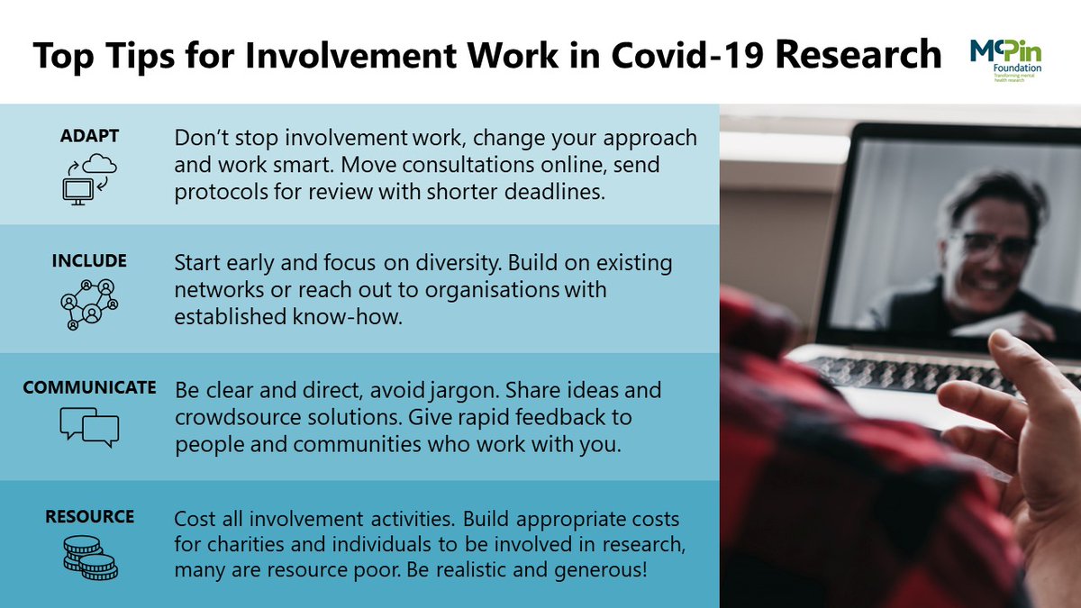 McPinFoundation's tweet photo. You need service user &amp; carer expertise to shape high quality research.

This is why we've put together the following tips for patient &amp; public involvement during #Covid_19. 

We'd love to hear your thoughts &amp; any tips you'd like to share!

#covidpublicvoice #PPI #mentalhealth https://t.co/nLKDkusChp