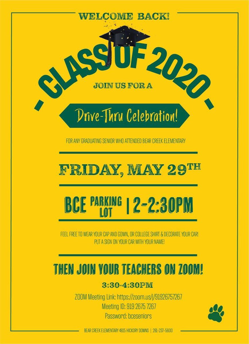 Bear Creek Elem (@bcecougars) on Twitter photo Please-pass it on! Celebrate BCE 2020 seniors! <a href="/bcecougars/">Bear Creek Elem</a> #bcecougars <a href="/MCHS_Rams/">RamNation</a> @R_EdwardsMCHS <a href="/katyisd/">Katy ISD</a> #katyisd #WeLeadTx <a href="/MCHSAthleticDep/">MCHS Athletics</a> <a href="/MaydeToSingMCHS/">Mayde Creek HS Choir</a> <a href="/maydecreek2020/">MCHS Class of 2020</a> <a href="/MCHS_PTSA/">MaydeCreekHS_PTSA</a> <a href="/MaydeCreek_News/">Mayde Creek Rampage Newspaper</a> <a href="/MaydeCreekDB8/">Mayde Creek Debate</a> <a href="/MaydeCreek_CTE/">Mayde Creek High School CTE</a> @MaydeCreekSNHS <a href="/MCHSOrchestra/">MaydeCreekOrchestra</a> <a href="/MaydeCreekFFA/">Mayde Creek FFA</a> Please-pass it on! Celebrate BCE 2020 seniors! <a href="/bcecougars/">Bear Creek Elem</a> #bcecougars <a href="/MCHS_Rams/">RamNation</a> @R_EdwardsMCHS <a href="/katyisd/">Katy ISD</a> #katyisd #WeLeadTx <a href="/MCHSAthleticDep/">MCHS Athletics</a> <a href="/MaydeToSingMCHS/">Mayde Creek HS Choir</a> <a href="/maydecreek2020/">MCHS Class of 2020</a> <a href="/MCHS_PTSA/">MaydeCreekHS_PTSA</a> <a href="/MaydeCreek_News/">Mayde Creek Rampage Newspaper</a> <a href="/MaydeCreekDB8/">Mayde Creek Debate</a> <a href="/MaydeCreek_CTE/">Mayde Creek High School CTE</a> @MaydeCreekSNHS <a href="/MCHSOrchestra/">MaydeCreekOrchestra</a> <a href="/MaydeCreekFFA/">Mayde Creek FFA</a>