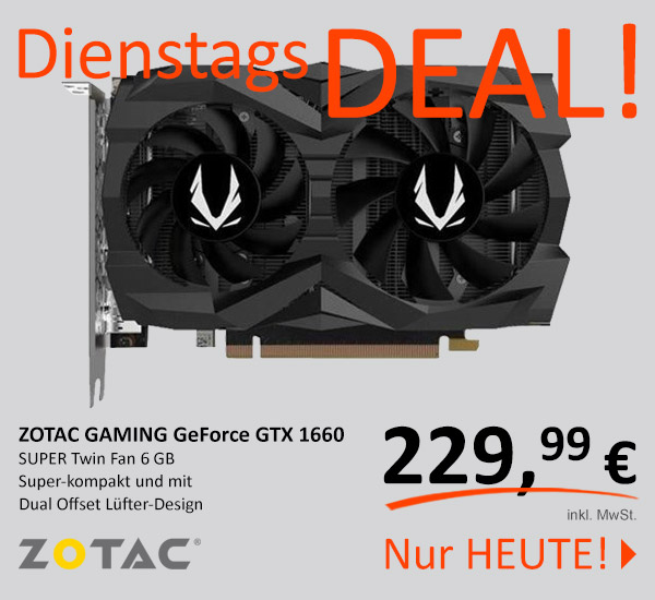 comp_universe's tweet image. Heute kannst Du dir ein echtes Schnäppchen ergattern! 
Für 229,99€ kannst Du dir die #ZOTAC #GAMING GeForce GTX 1660 SUPER Twin Fan #6GB High End #Grafikkarte sichern, natürlich nur solange unser Vorrat reicht: 👉 ow.ly/HCXL30qH87D