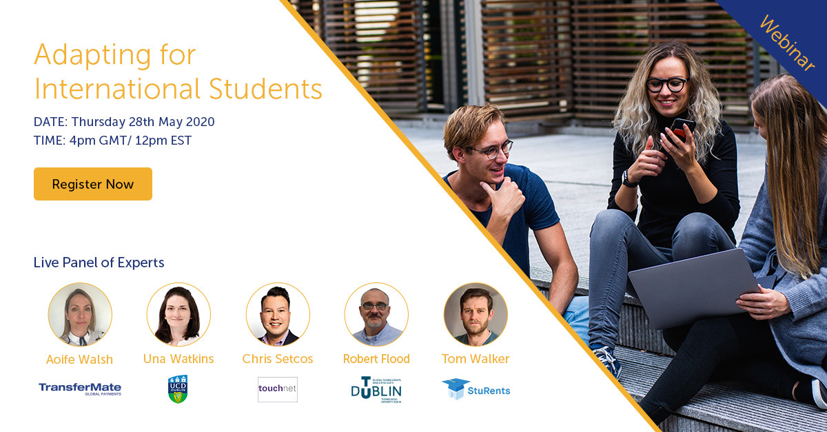 TransferMate's tweet photo. @TransferMate will be joined by @ucddublin, @TouchNet, @WeAreTUDublin &amp; @StuRents to discuss the strategy they are implementing to support international students now and into the future #Student #Covid19 #Accommodation #University #RemoteWorking
Register👉https://t.co/dFwjYG8gnC https://t.co/ZQ9IEQM3Ex