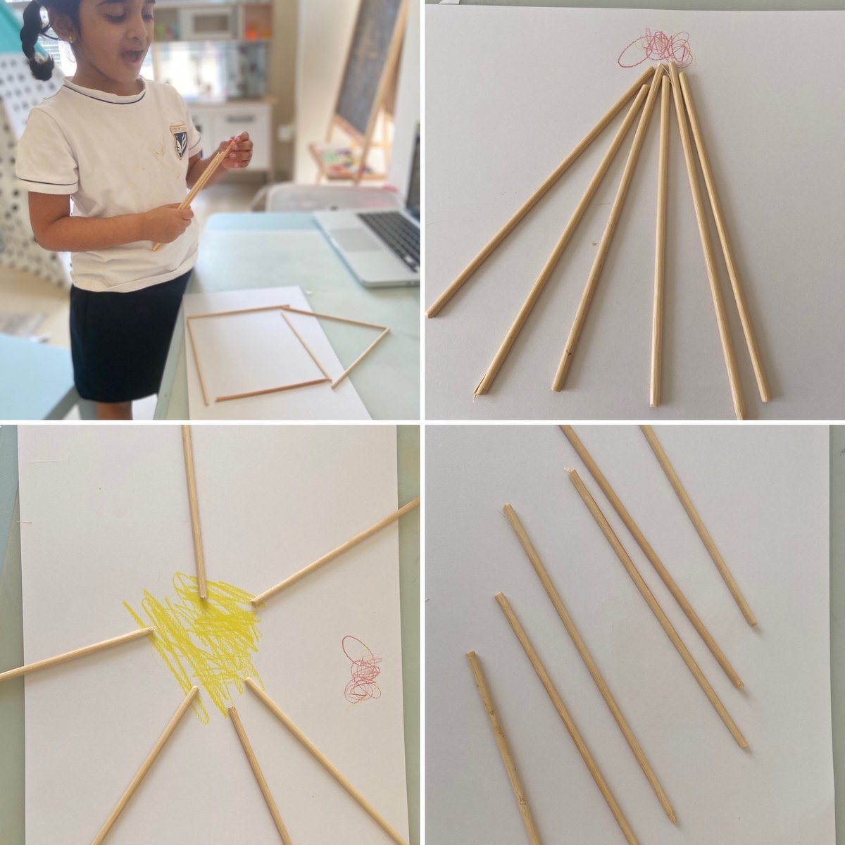 Absolutely brilliant STEAM activity with 6 sticks! Aria made a house, a fire, a sun and 6 slanting lines. Each time she asked me to close my eyes and when I opened it I was blown away😀 ⁦<a href="/26Dakshamehta/">Daksha</a>⁩ ⁦<a href="/KNargish/">Nargish Khambatta</a>⁩ ⁦<a href="/senresh/">Reshma Borkar Fernandez</a>⁩ ⁦<a href="/kg_gma/">GMAKG</a>⁩ ⁦<a href="/DxbModern/">GEMS Modern Academy</a>⁩