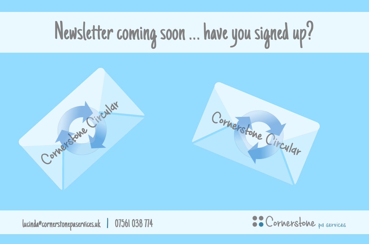 Newsletter coming soon … have you signed up?
For valuable hints and tips on how to deal with all those time-consuming admin tasks ... head over to my website and sign up cornerstonepaservices.uk

#newsletter #Tips #subscribe #freelancepa #SmallBusiness #TEAMMint #Northumberland
