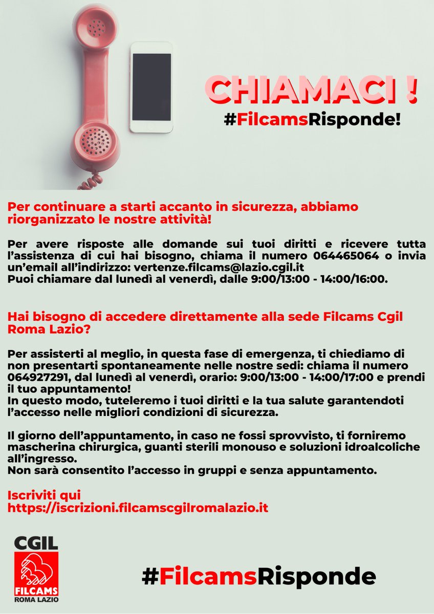 EFilcams's tweet photo. CHIAMACI !
#FilcamsRisponde

Per continuare a starti accanto in sicurezza, abbiamo riorganizzato le nostre attività!
Hai bisogno di accedere direttamente alla sede Filcams Cgil Roma Lazio? Leggi come fare !

Iscriviti qui
https://t.co/aMVqIP7sxr https://t.co/1UxDQJHgfa