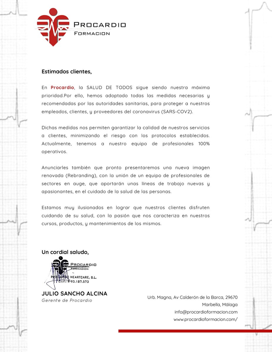 ProcardioForma's tweet photo. En Procardio, la SALUD DE TODOS sigue siendo nuestra máxima prioridad. Por ello, queremos haceros partícipes de la nueva situación. #procardio #procardioformacion https://t.co/icV3PJs1wb